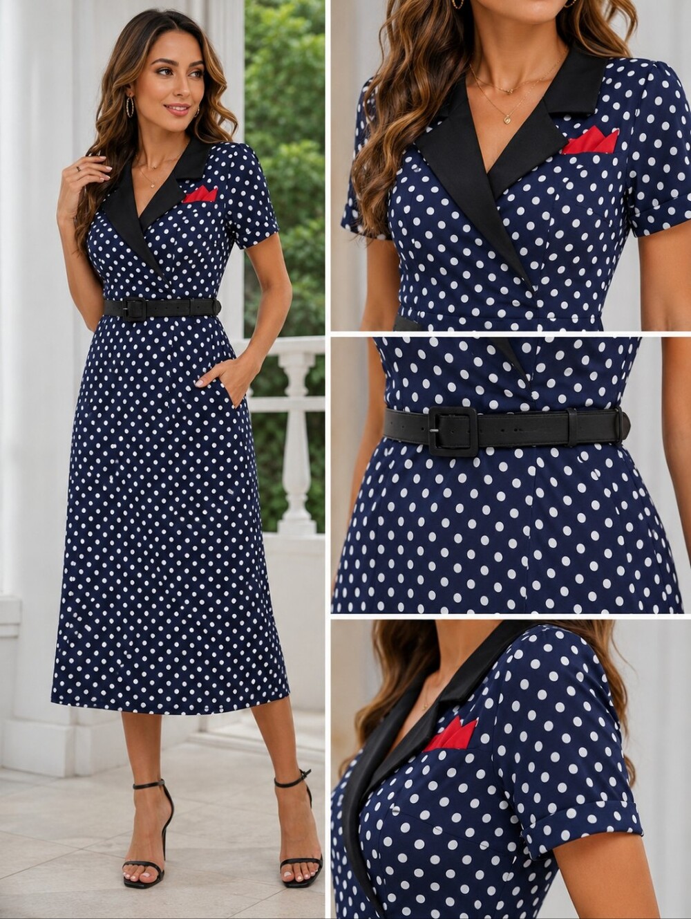 Bella Paige Navy Polka Dot Midi Dress with Black Collar and Red Accent Size M
